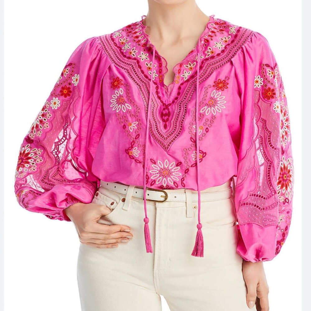 KOBI HALPERIN  Blythe Embroidered Peasant Blouse - French Pink